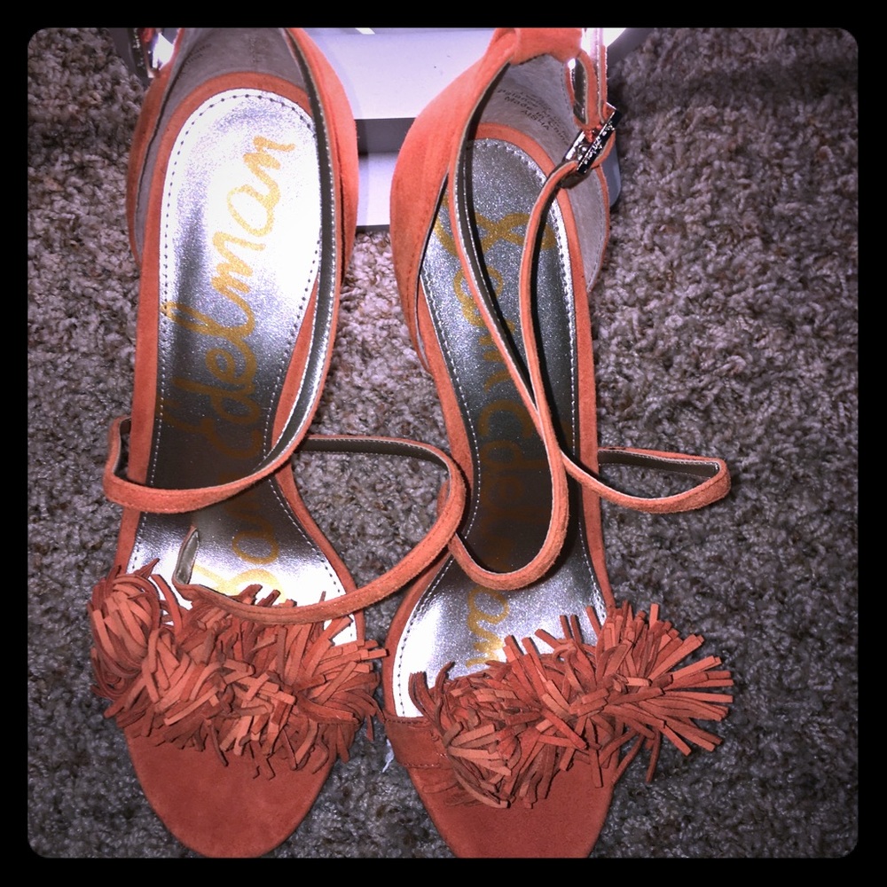 Coral (orangey) strappy sandals with tassel